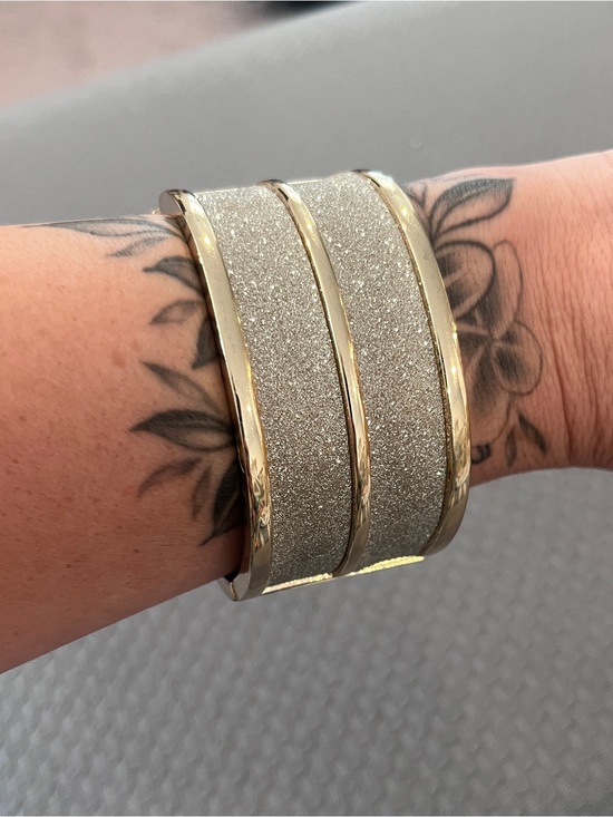 Jewelry - Gold Wide Shimmer Glitter Inlay Hinge Cuff Statement Bracelet Unbranded